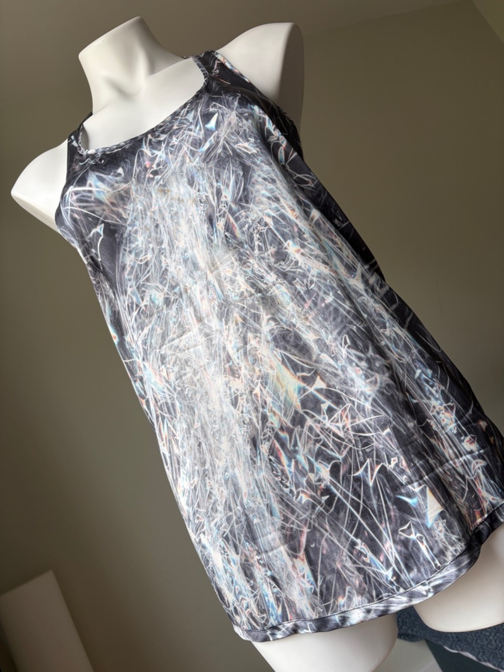 Helmut LangAbstract Marble Print Racerback Tank Top - Black, White, Blue Hues